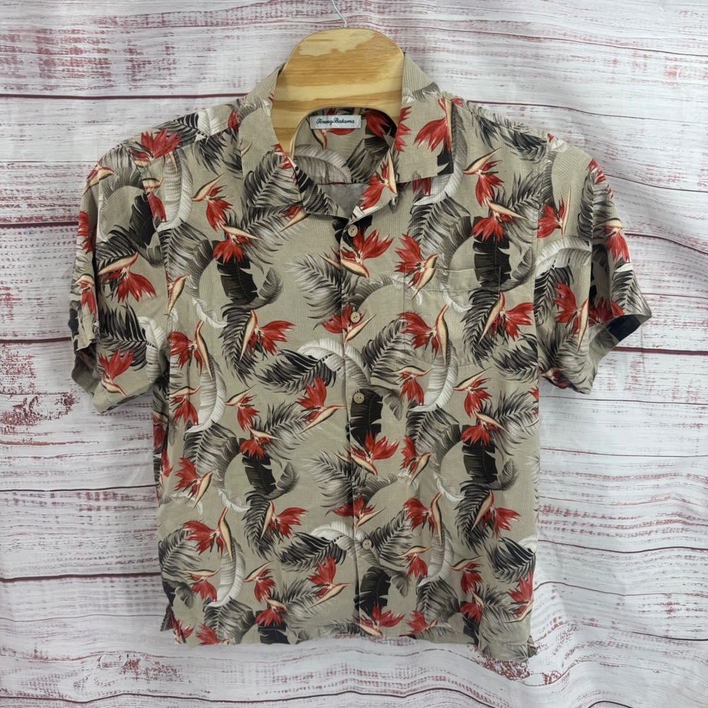 Tommy Bahama Camp Shirt Mens Large Silk Bird of Paradise Tropical Hawaiian
